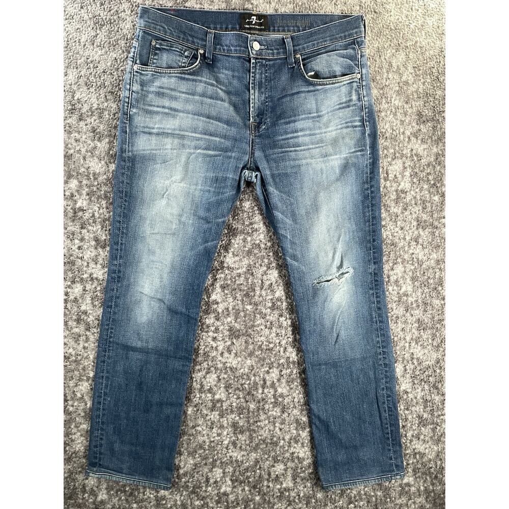 7 For All Mankind The Straight Jeans Mens 36 Denim Stretch Cotton Distressed